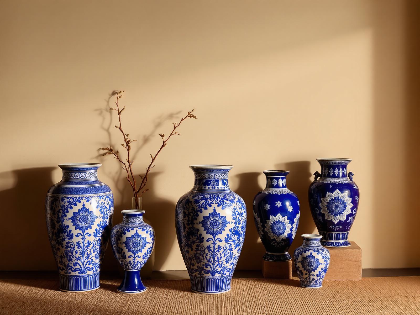 Group of cobalt blue and white hand-painted Mughal-inspired ceramic vases